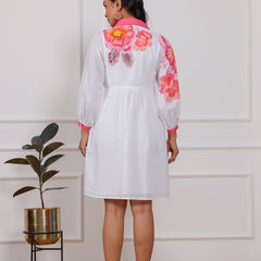 Floral Cotton Cambric Mini Dress with Collar Neck