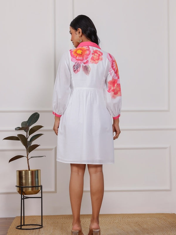 Floral Cotton Cambric Mini Dress with Collar Neck