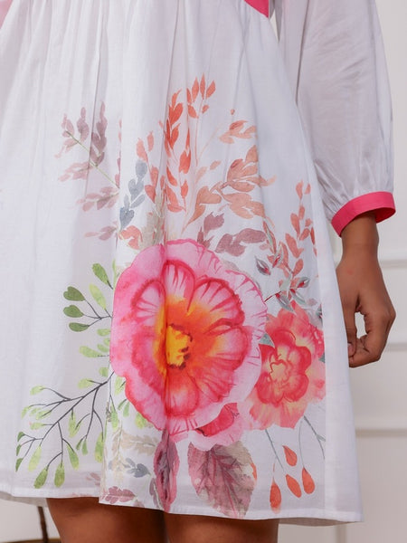 Floral Cotton Cambric Mini Dress with Collar Neck