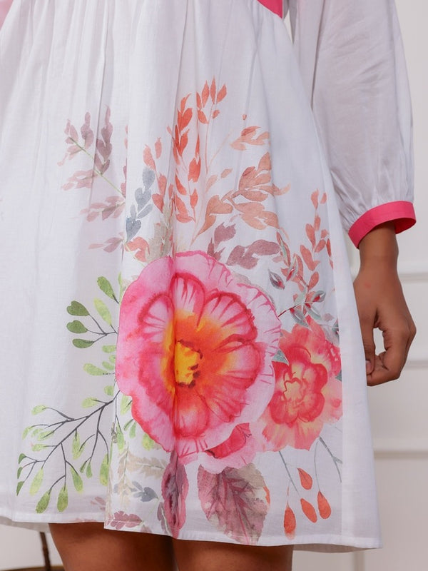 Floral Cotton Cambric Mini Dress with Collar Neck
