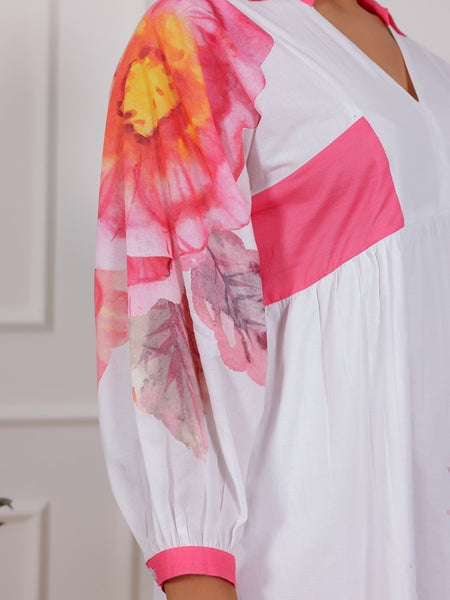 Floral Cotton Cambric Mini Dress with Collar Neck