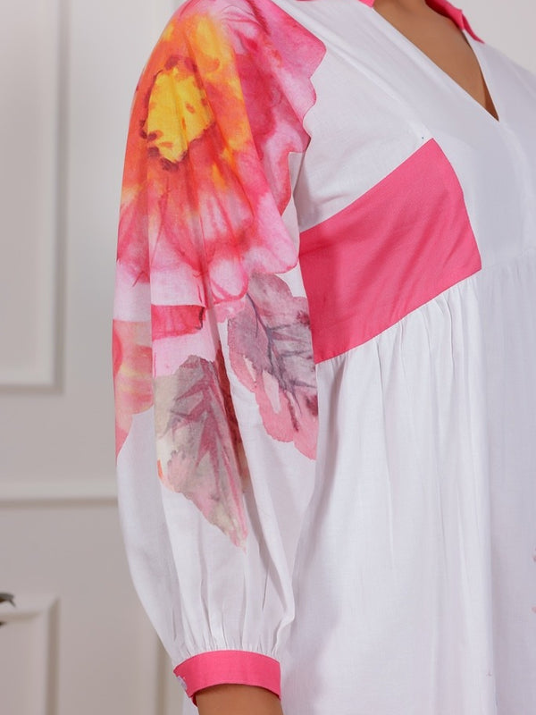 Floral Cotton Cambric Mini Dress with Collar Neck