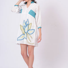 Teal Accent Printed Cotton Cambric Mini Dress