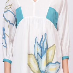 Teal Accent Printed Cotton Cambric Mini Dress