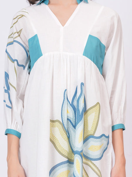 Teal Accent Printed Cotton Cambric Mini Dress