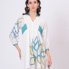 Teal Accent Printed Cotton Cambric Mini Dress