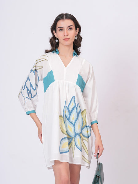 Teal Accent Printed Cotton Cambric Mini Dress