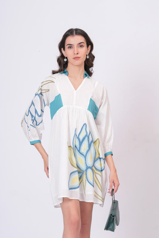 Teal Accent Printed Cotton Cambric Mini Dress