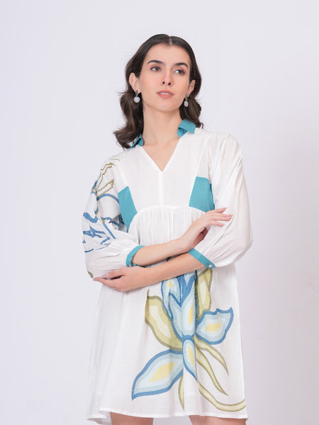 Teal Accent Printed Cotton Cambric Mini Dress