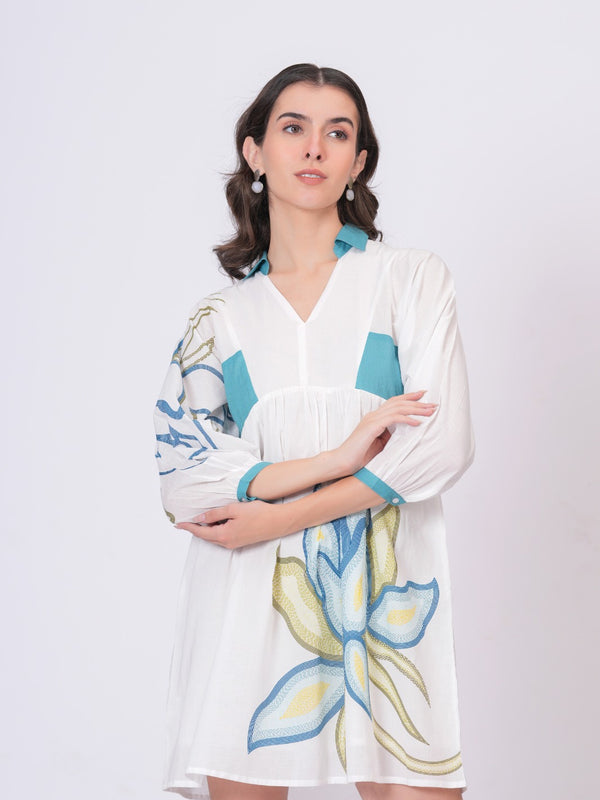 Teal Accent Printed Cotton Cambric Mini Dress