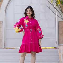 Pink Cotton Embroidered Mini Shirt Dress with Collar & 3/4th Sleeves