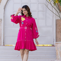 Pink Cotton Embroidered Mini Shirt Dress with Collar & 3/4th Sleeves
