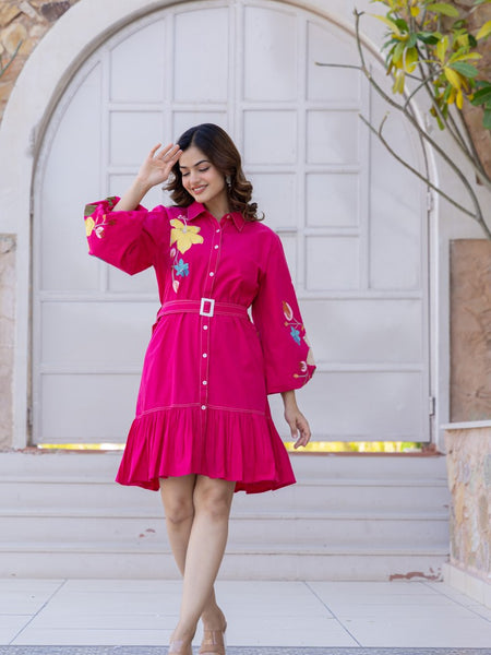 Pink Cotton Embroidered Mini Shirt Dress with Collar & 3/4th Sleeves