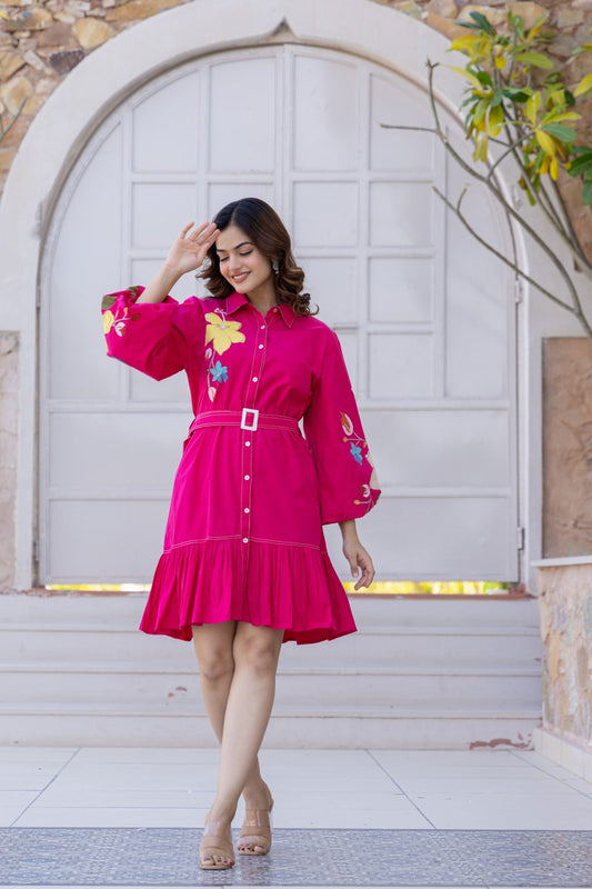 Pink Cotton Embroidered Mini Shirt Dress with Collar & 3/4th Sleeves