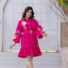 Pink Cotton Embroidered Mini Shirt Dress with Collar & 3/4th Sleeves