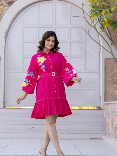 Pink Cotton Embroidered Mini Shirt Dress with Collar & 3/4th Sleeves