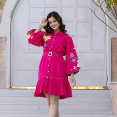 Pink Cotton Embroidered Mini Shirt Dress with Collar & 3/4th Sleeves