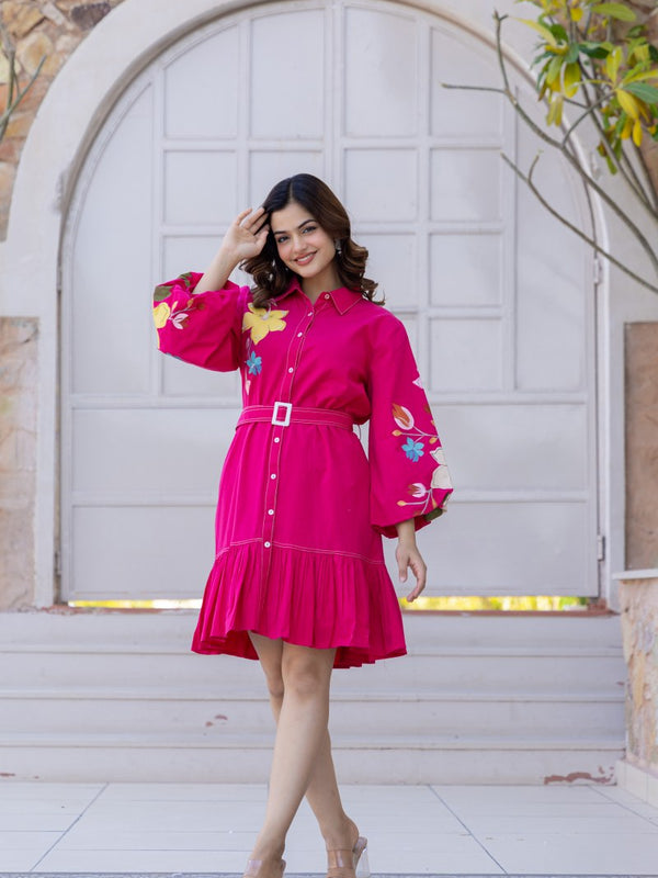 Pink Cotton Embroidered Mini Shirt Dress with Collar & 3/4th Sleeves