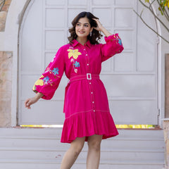 Pink Cotton Embroidered Mini Shirt Dress with Collar & 3/4th Sleeves