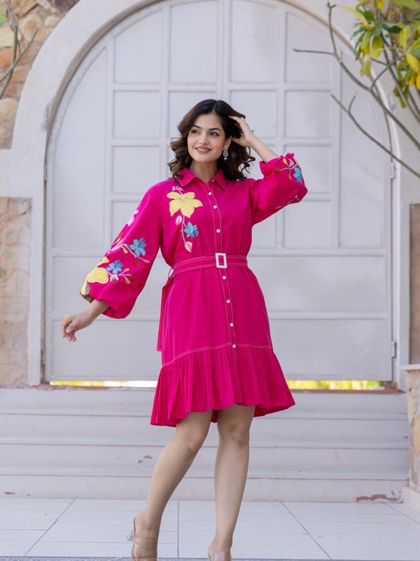 Pink Cotton Embroidered Mini Shirt Dress with Collar & 3/4th Sleeves