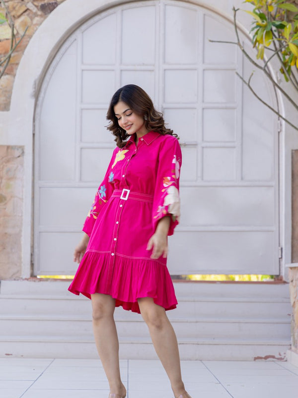 Pink Cotton Embroidered Mini Shirt Dress with Collar & 3/4th Sleeves