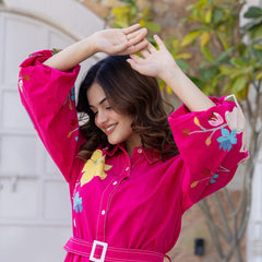 Pink Cotton Embroidered Mini Shirt Dress with Collar & 3/4th Sleeves