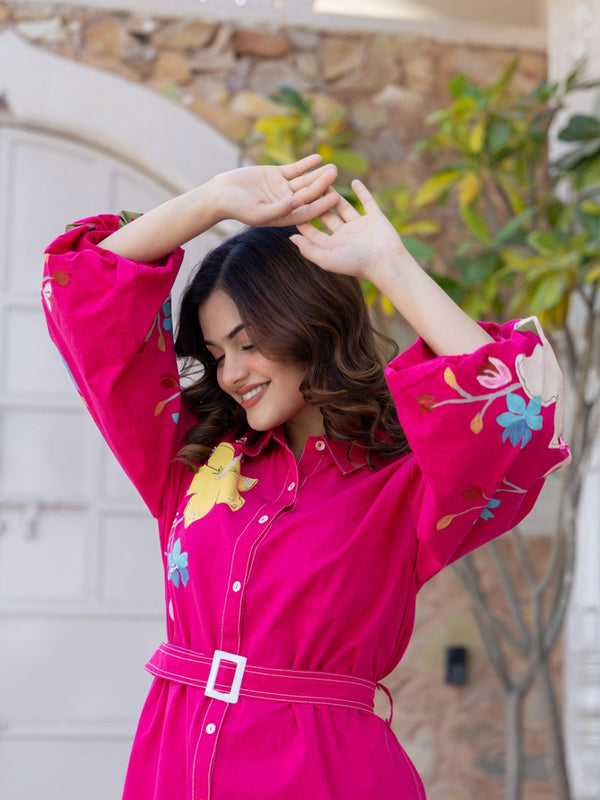 Pink Cotton Embroidered Mini Shirt Dress with Collar & 3/4th Sleeves