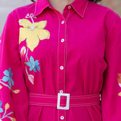 Pink Cotton Embroidered Mini Shirt Dress with Collar & 3/4th Sleeves