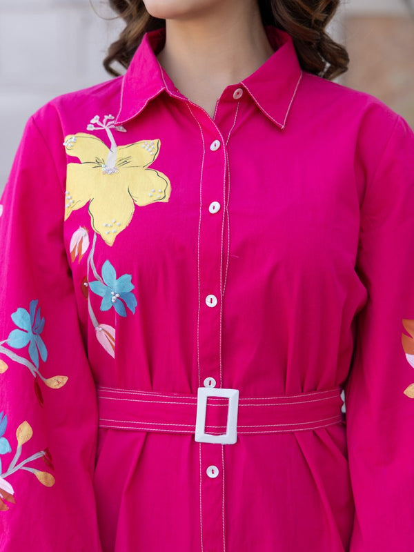 Pink Cotton Embroidered Mini Shirt Dress with Collar & 3/4th Sleeves
