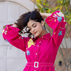 Pink Cotton Embroidered Mini Shirt Dress with Collar & 3/4th Sleeves