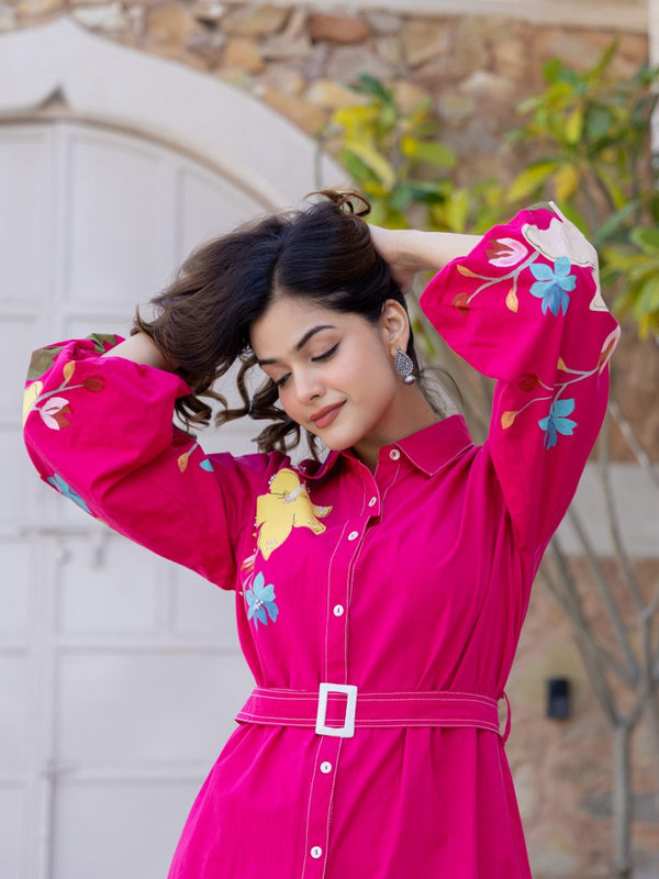 Pink Cotton Embroidered Mini Shirt Dress with Collar & 3/4th Sleeves