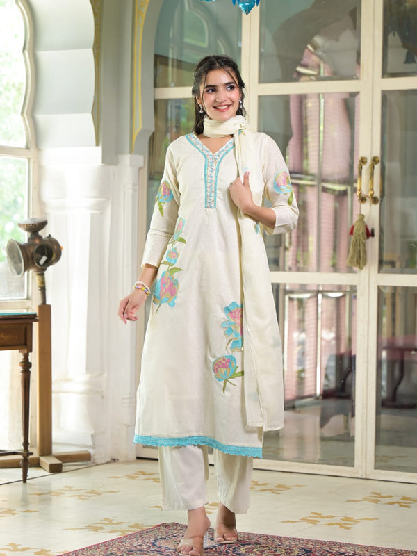 Floral Embroidered White Suit Set