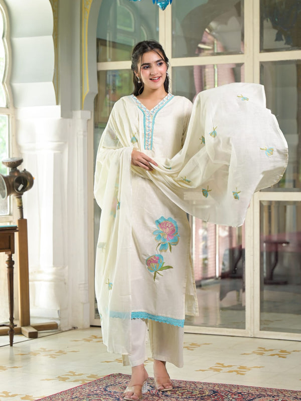 Floral Embroidered White Suit Set