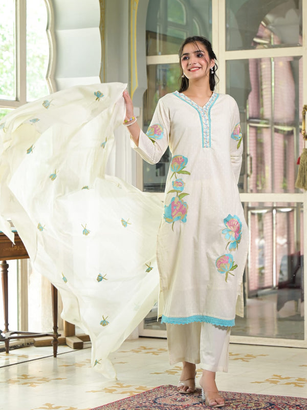 Floral Embroidered White Suit Set