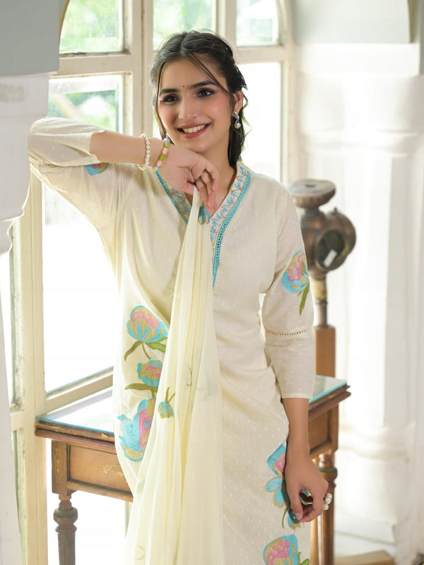 Floral Embroidered White Suit Set