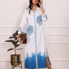 Blue Embroidered Cotton Midi Dress