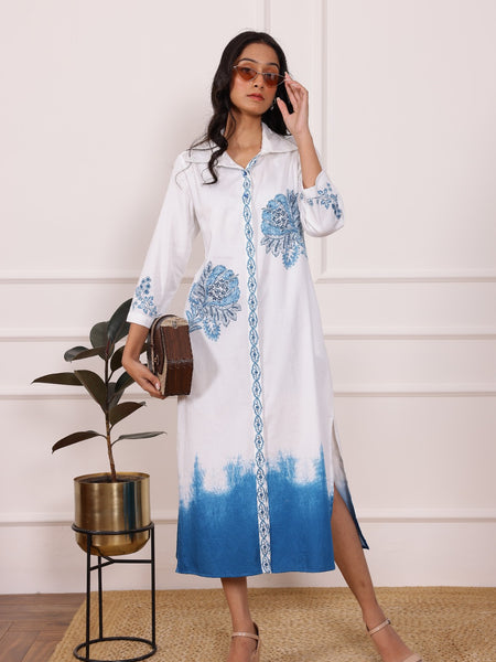 Blue Embroidered Cotton Midi Dress