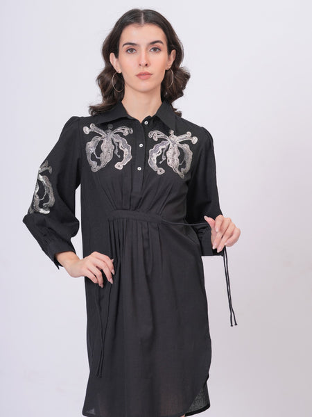 Black Sequins Mini Shirt Dress
