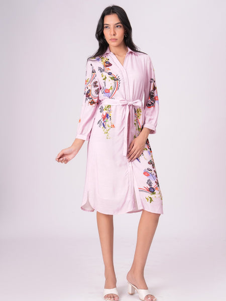 Lilac Love Embroidered Mini Shirt Dress
