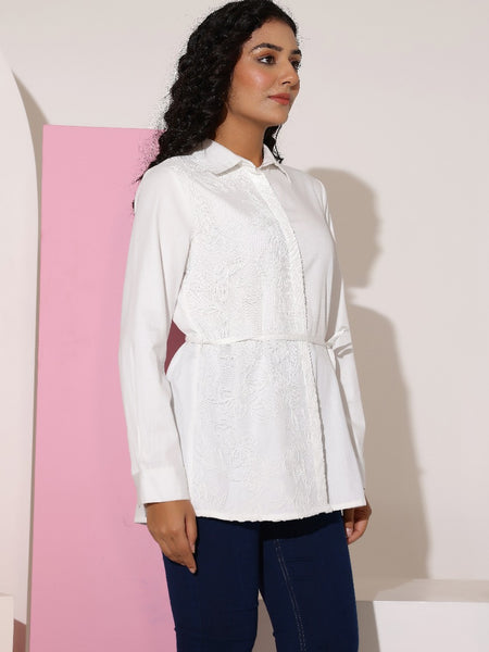 White Cotton Embroidered Shirt