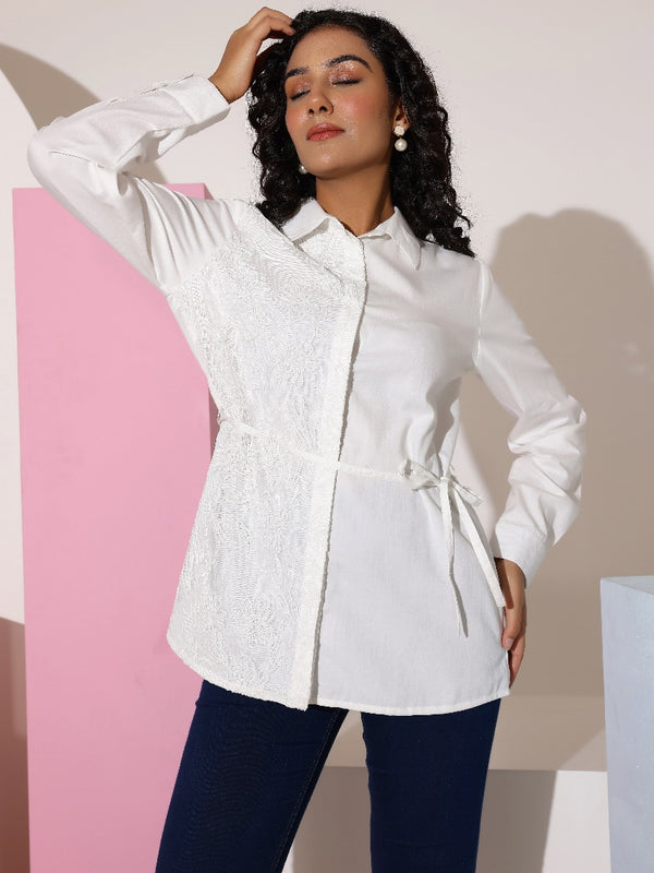 White Cotton Embroidered Shirt