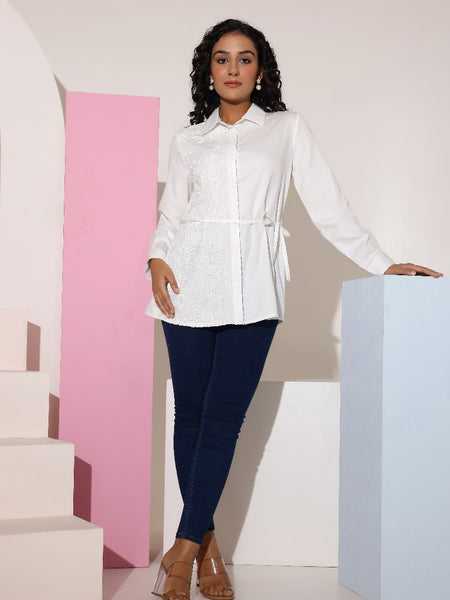 White Cotton Embroidered Shirt