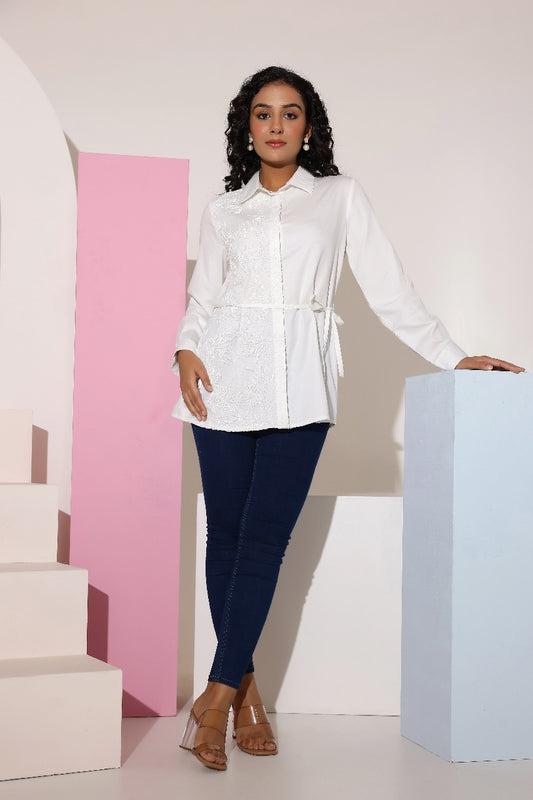 White Cotton Embroidered Shirt