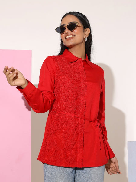Charming Red Cotton Embroidered Shirt