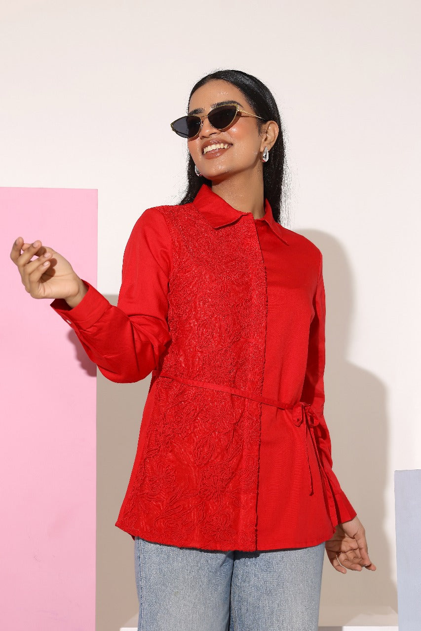 Charming Red Cotton Embroidered Shirt
