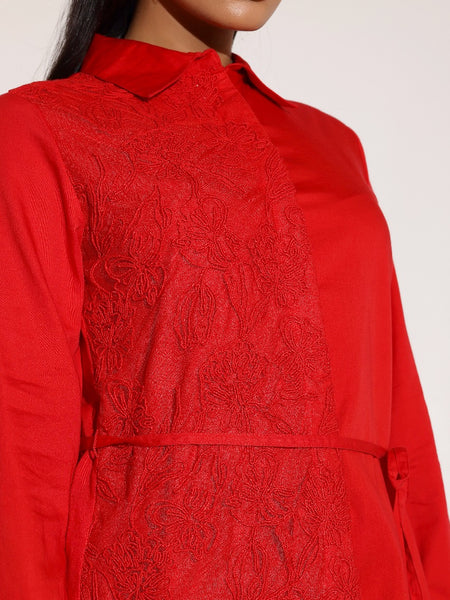 Charming Red Cotton Embroidered Shirt