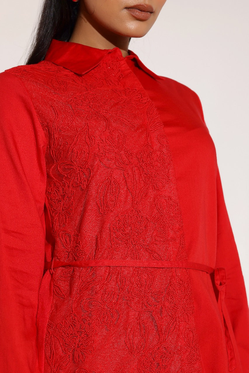 Charming Red Cotton Embroidered Shirt