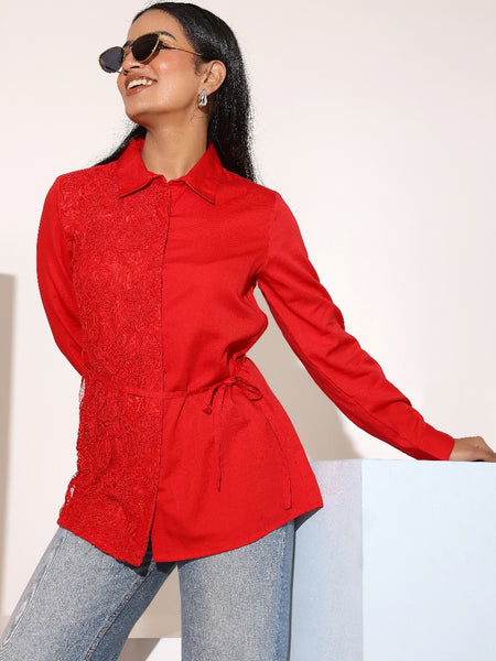 Charming Red Cotton Embroidered Shirt