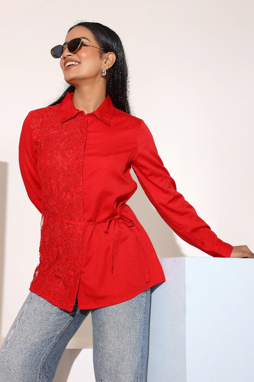 Charming Red Cotton Embroidered Shirt