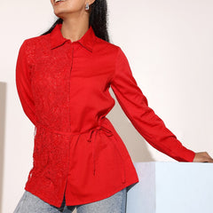 Charming Red Cotton Embroidered Shirt